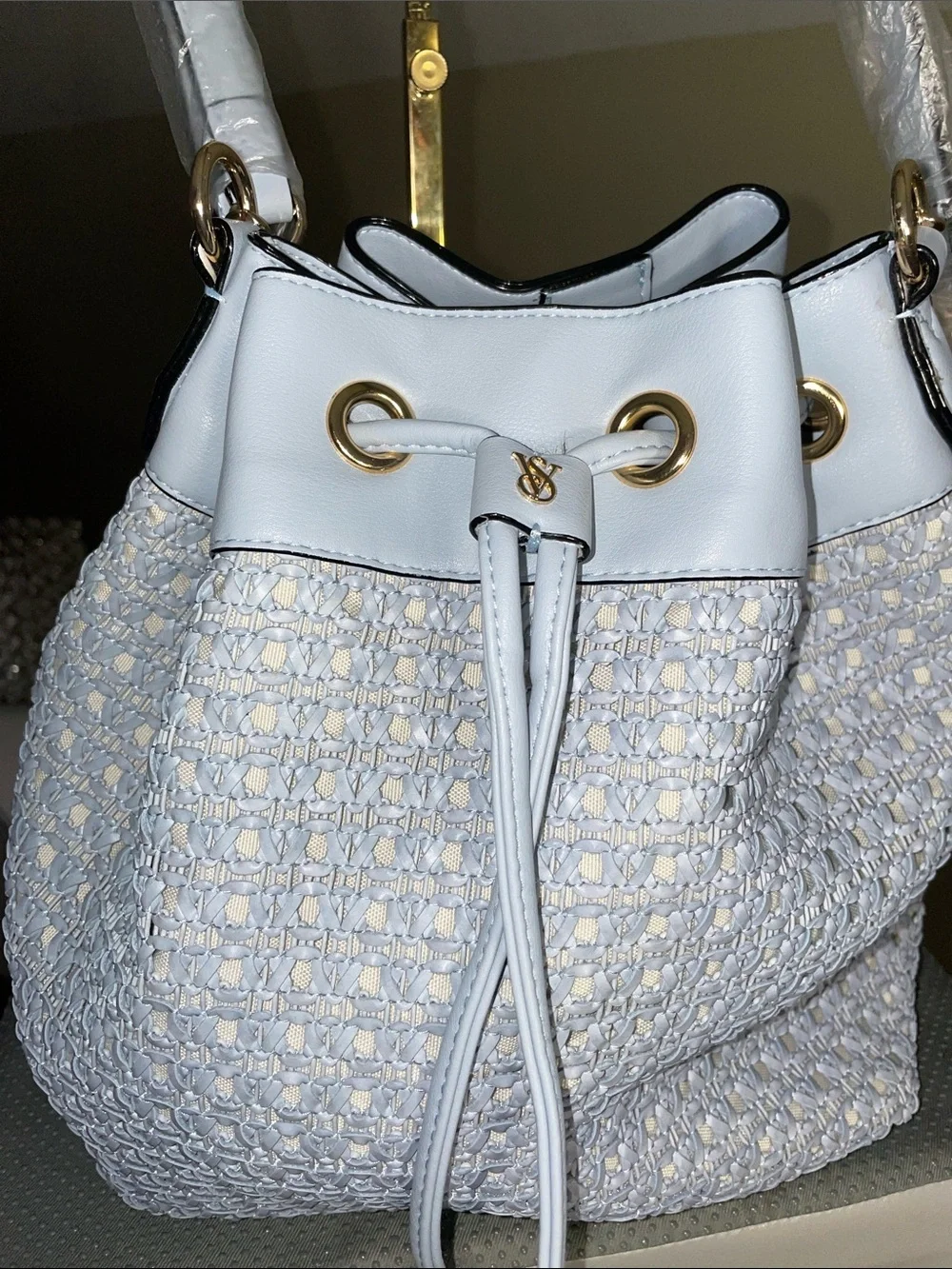 Victoria's Secret Light Blue Woven Drawstring Hobo with Gold Hardware